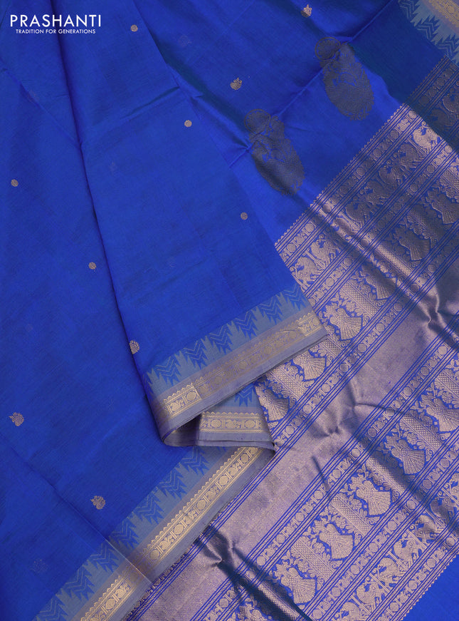 Kanchipuram silk cotton saree blue with zari woven buttas and temple design zari woven border