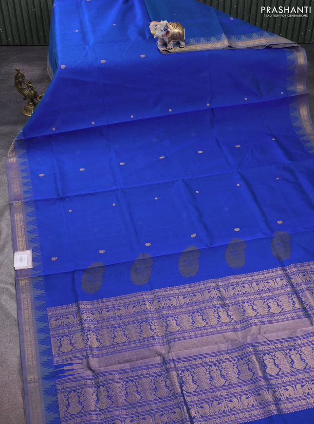 Kanchipuram silk cotton saree blue with zari woven buttas and temple design zari woven border