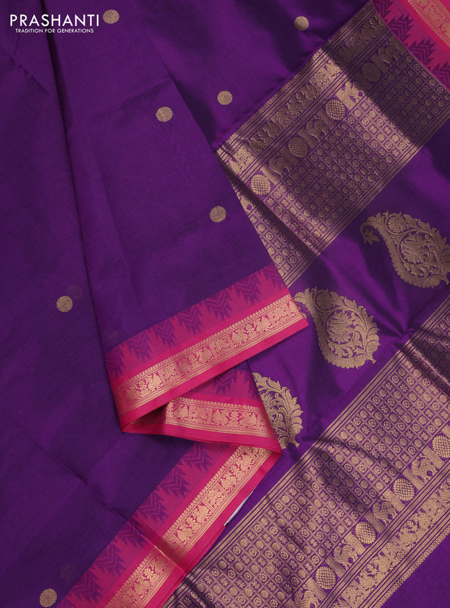 Kanchipuram silk cotton saree violet and pink with zari woven buttas and temple design zari woven border