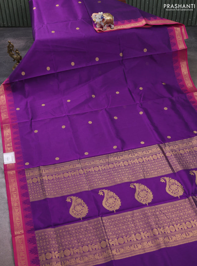 Kanchipuram silk cotton saree violet and pink with zari woven buttas and temple design zari woven border