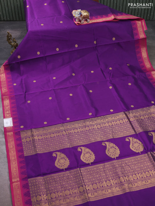 Kanchipuram silk cotton saree violet and pink with zari woven buttas and temple design zari woven border