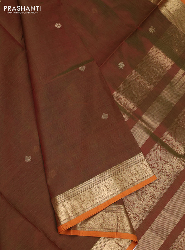 Kanchipuram silk cotton saree mustard green and mustard yellow with zari woven buttas and zari woven border