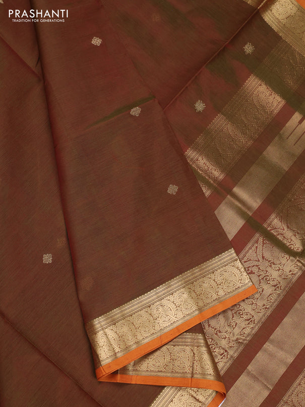 Kanchipuram silk cotton saree mustard green and mustard yellow with zari woven buttas and zari woven border