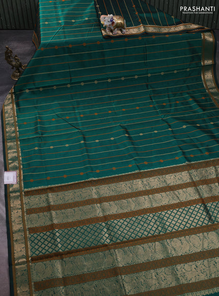 Kanchipuram silk cotton saree green with allover thread stripe pattern and zari woven border