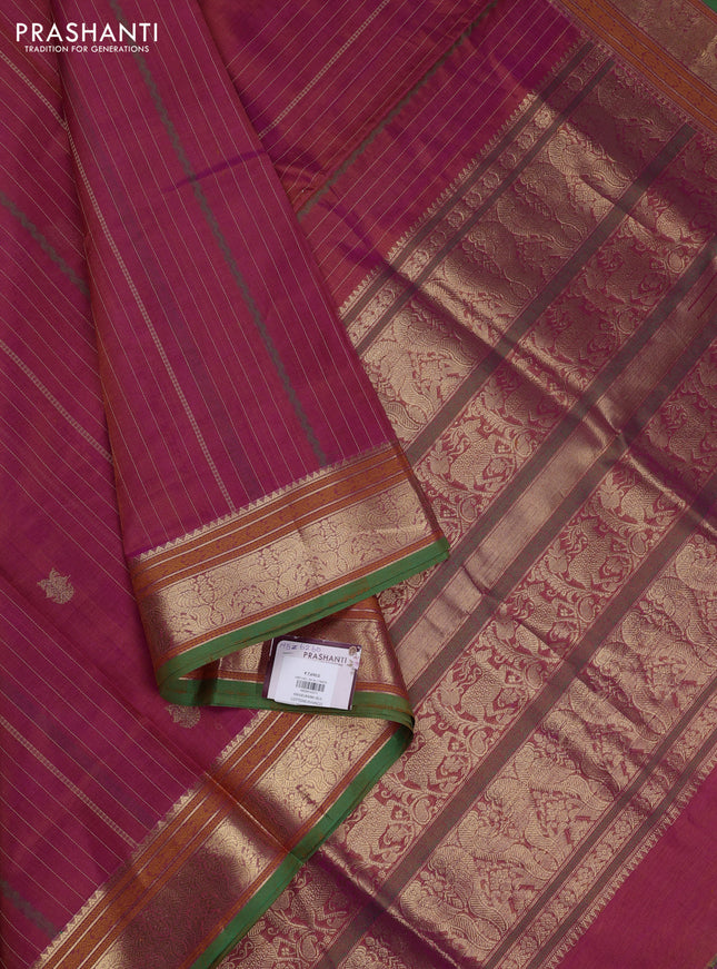 Kanchipuram silk cotton saree dual shade of pinkish orange and green with allover thread weaves & zari buttas and zari woven border