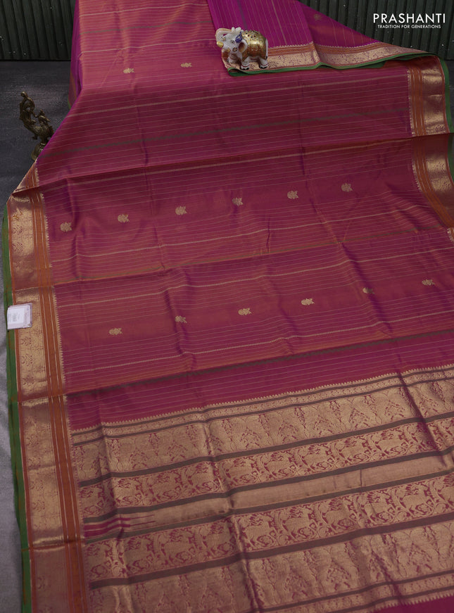 Kanchipuram silk cotton saree dual shade of pinkish orange and green with allover thread weaves & zari buttas and zari woven border