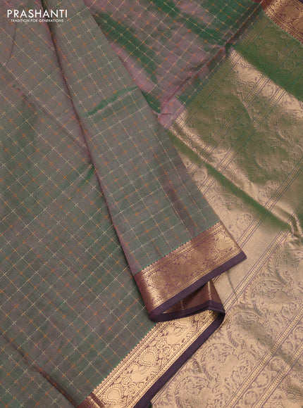 Kanchipuram silk cotton saree dual shade of greenish maroon with allover thread checked pattern and zari woven border