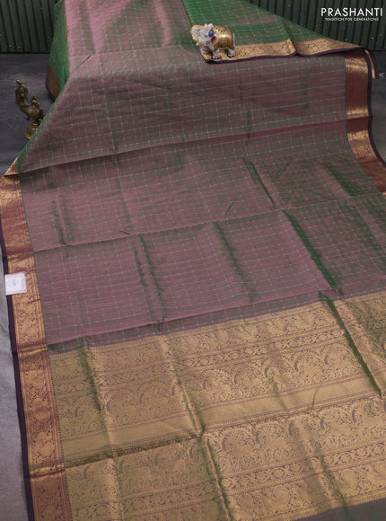 Kanchipuram silk cotton saree dual shade of greenish maroon with allover thread checked pattern and zari woven border