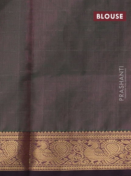 Kanchipuram silk cotton saree dual shade of greenish maroon with allover thread checked pattern and zari woven border