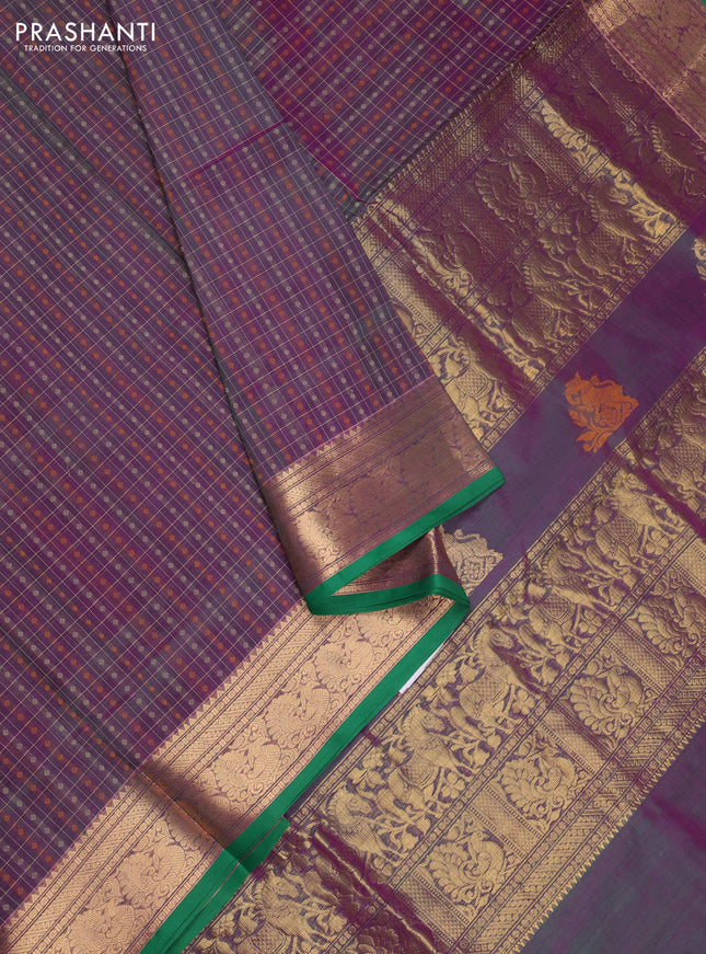Kanchipuram silk cotton saree dual shade of greenish purple and green with allover thread checks & 1000 buttas and zari woven border