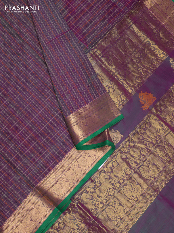 Kanchipuram silk cotton saree dual shade of greenish purple and green with allover thread checks & 1000 buttas and zari woven border