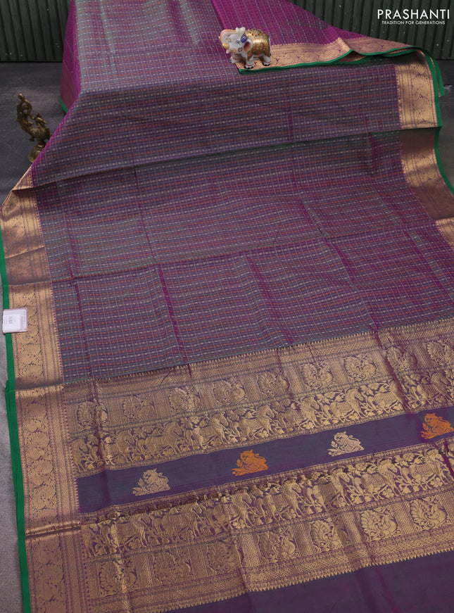 Kanchipuram silk cotton saree dual shade of greenish purple and green with allover thread checks & 1000 buttas and zari woven border