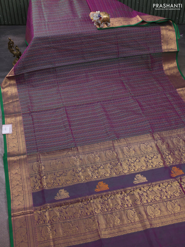 Kanchipuram silk cotton saree dual shade of greenish purple and green with allover thread checks & 1000 buttas and zari woven border
