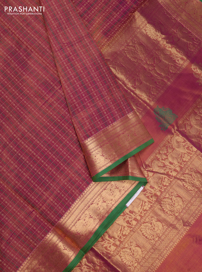 Kanchipuram silk cotton saree dual shade of rust and purple with allover thread checks & 1000 buttas and zari woven border