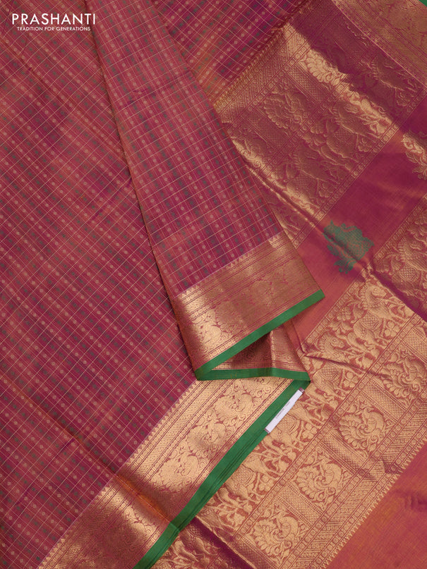 Kanchipuram silk cotton saree dual shade of rust and purple with allover thread checks & 1000 buttas and zari woven border