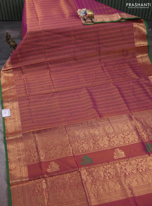 Kanchipuram silk cotton saree dual shade of rust and purple with allover thread checks & 1000 buttas and zari woven border