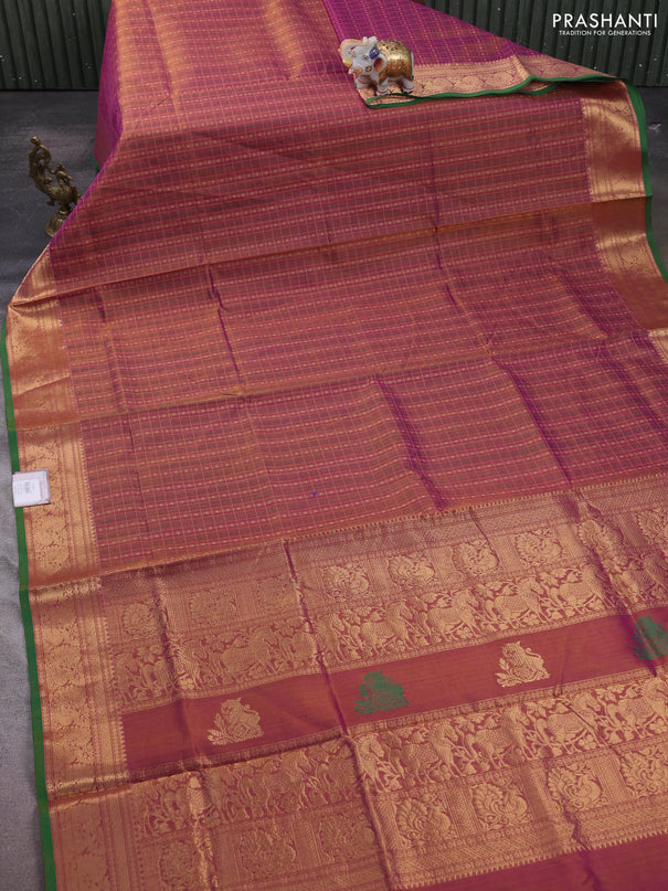 Kanchipuram silk cotton saree dual shade of rust and purple with allover thread checks & 1000 buttas and zari woven border