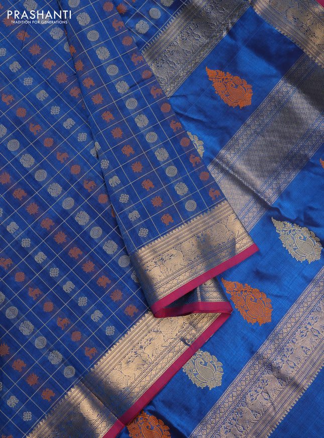 Kanchipuram silk cotton saree peacock blue and dual shade of red with allover thread checks & buttas and zari woven border