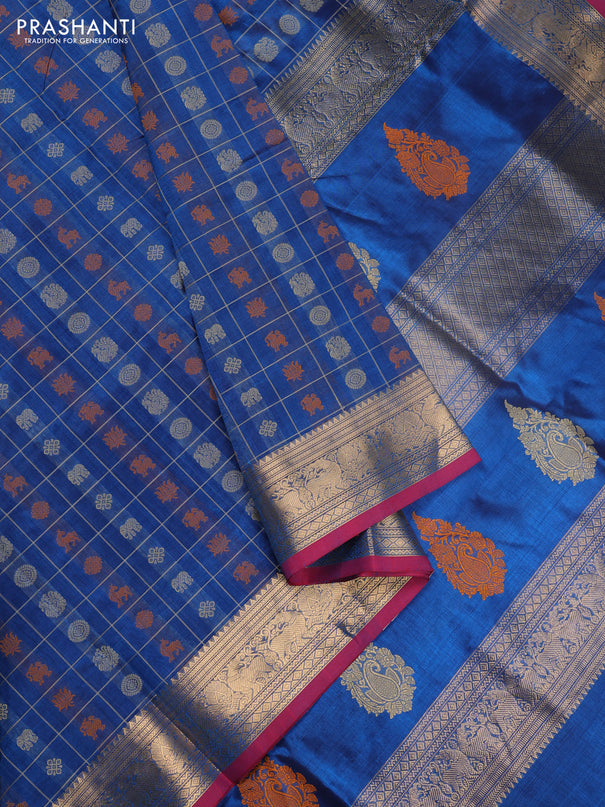Kanchipuram silk cotton saree peacock blue and dual shade of red with allover thread checks & buttas and zari woven border
