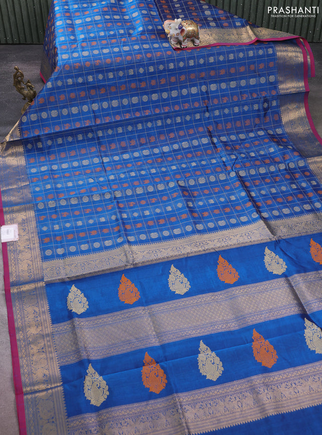 Kanchipuram silk cotton saree peacock blue and dual shade of red with allover thread checks & buttas and zari woven border