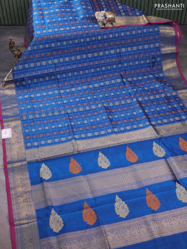 Kanchipuram silk cotton saree peacock blue and dual shade of red with allover thread checks & buttas and zari woven border