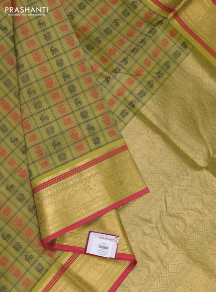 Kanchipuram silk cotton saree lime green and pink with allover thread checks & buttas and zari woven border