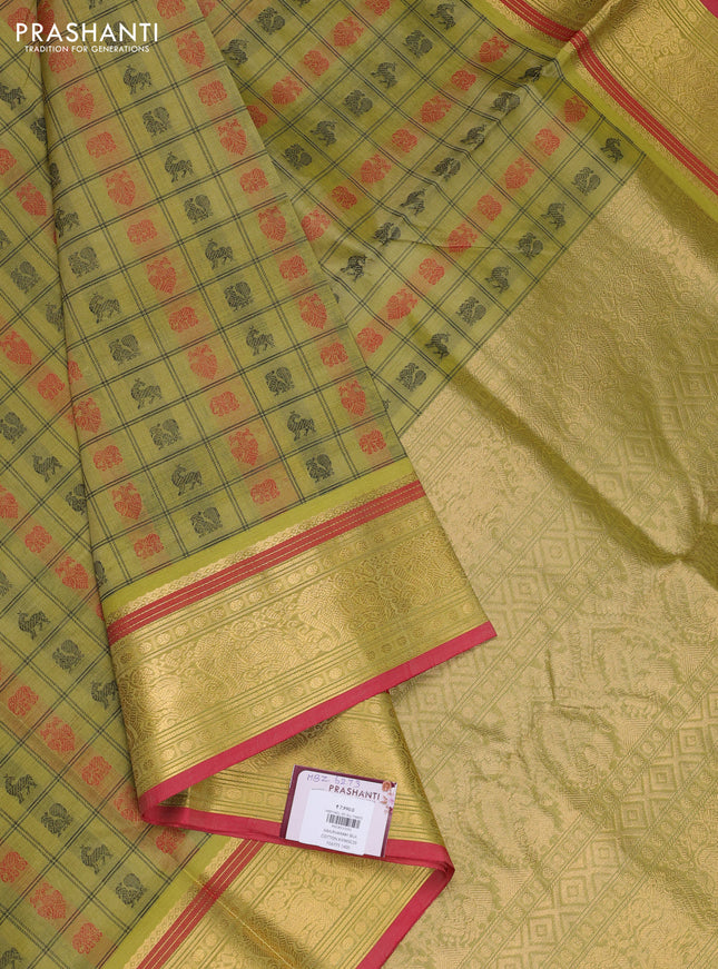 Kanchipuram silk cotton saree lime green and pink with allover thread checks & buttas and zari woven border