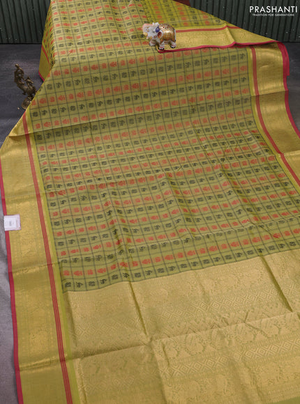 Kanchipuram silk cotton saree lime green and pink with allover thread checks & buttas and zari woven border