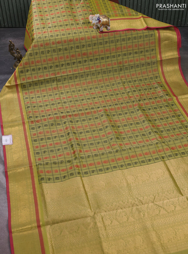 Kanchipuram silk cotton saree lime green and pink with allover thread checks & buttas and zari woven border