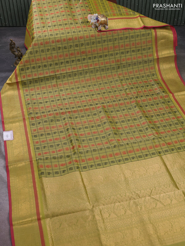Kanchipuram silk cotton saree lime green and pink with allover thread checks & buttas and zari woven border
