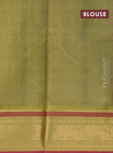 Kanchipuram silk cotton saree lime green and pink with allover thread checks & buttas and zari woven border