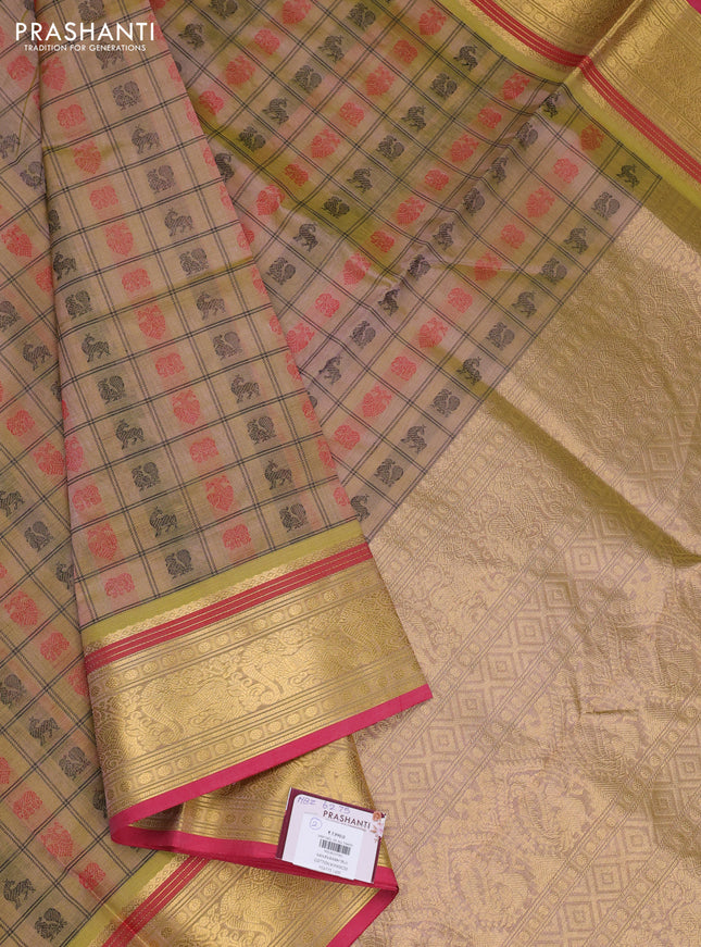 Kanchipuram silk cotton saree dual shade of beige and pink with allover thread checks & buttas and zari woven border