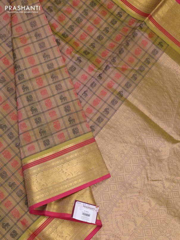 Kanchipuram silk cotton saree dual shade of beige and pink with allover thread checks & buttas and zari woven border