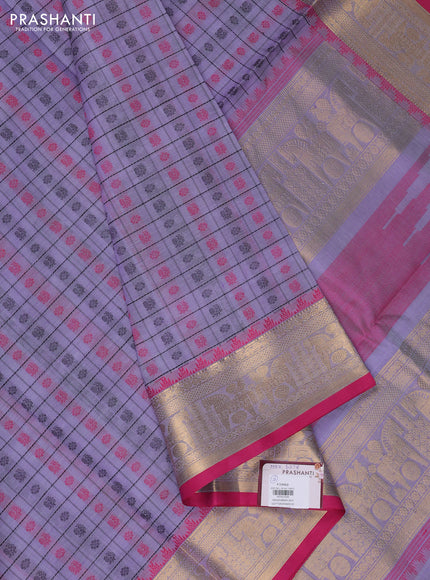 Kanchipuram silk cotton saree mild lavender and pink with allover thread checks & buttas and zari woven border