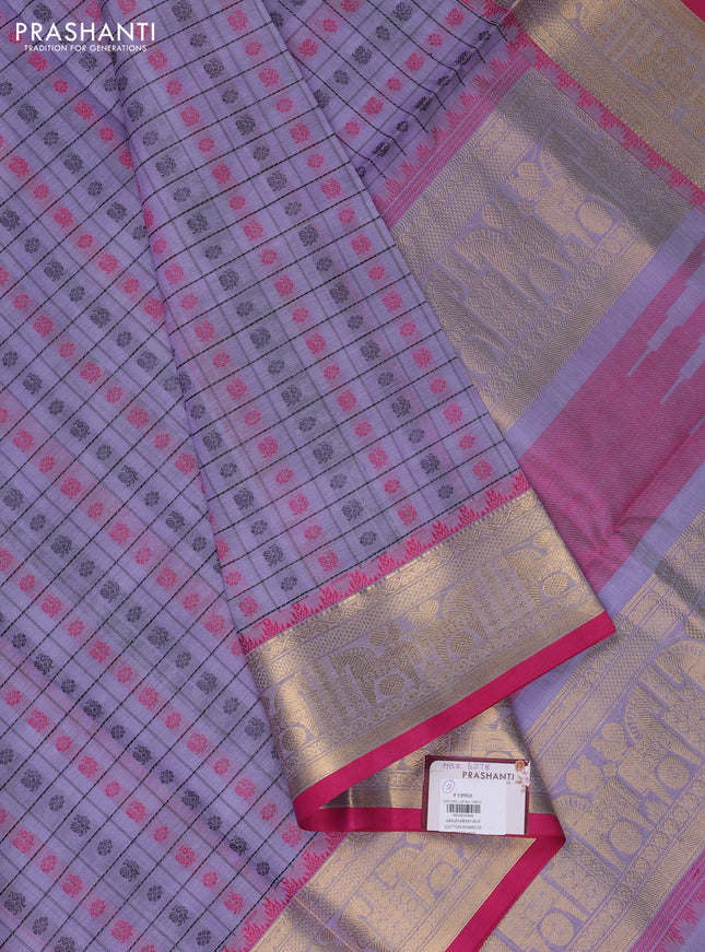 Kanchipuram silk cotton saree mild lavender and pink with allover thread checks & buttas and zari woven border