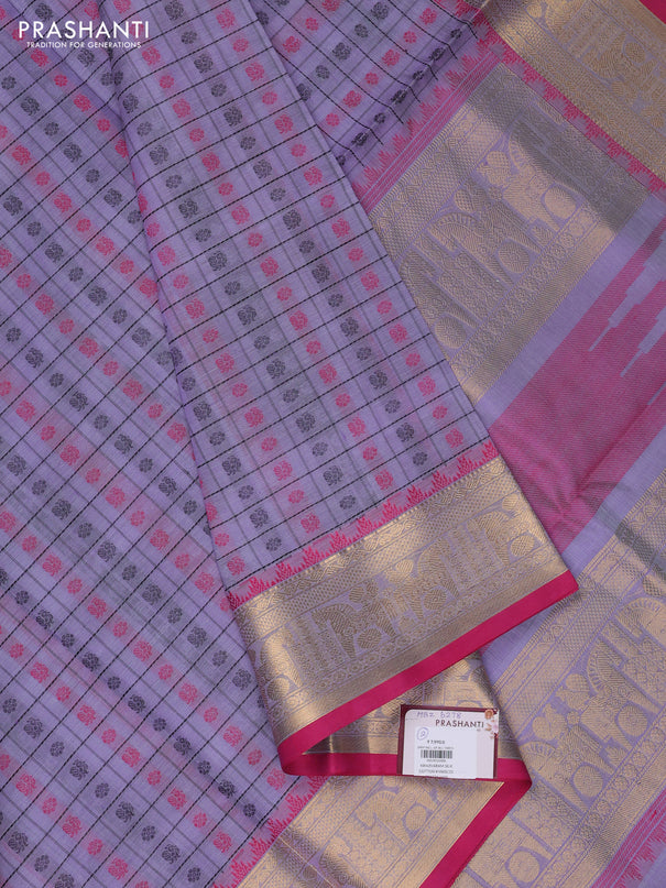 Kanchipuram silk cotton saree mild lavender and pink with allover thread checks & buttas and zari woven border