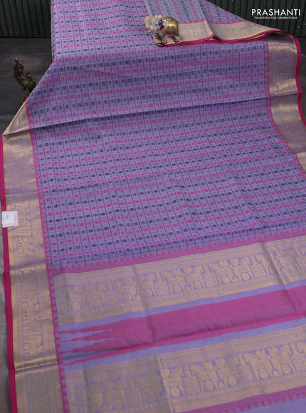 Kanchipuram silk cotton saree mild lavender and pink with allover thread checks & buttas and zari woven border