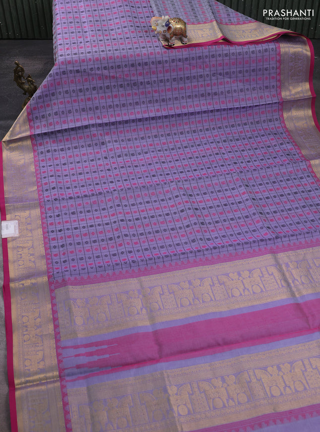 Kanchipuram silk cotton saree mild lavender and pink with allover thread checks & buttas and zari woven border