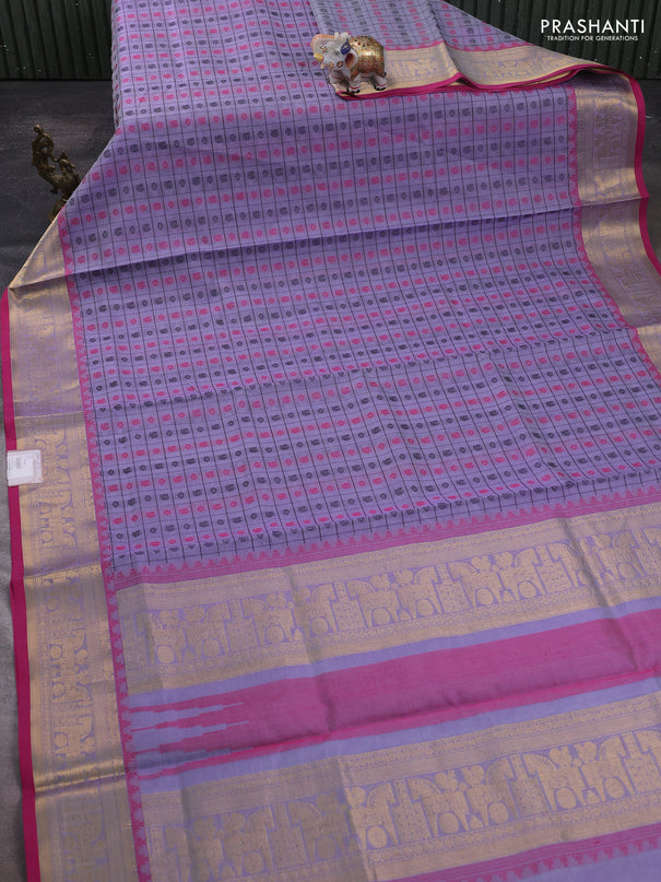 Kanchipuram silk cotton saree mild lavender and pink with allover thread checks & buttas and zari woven border