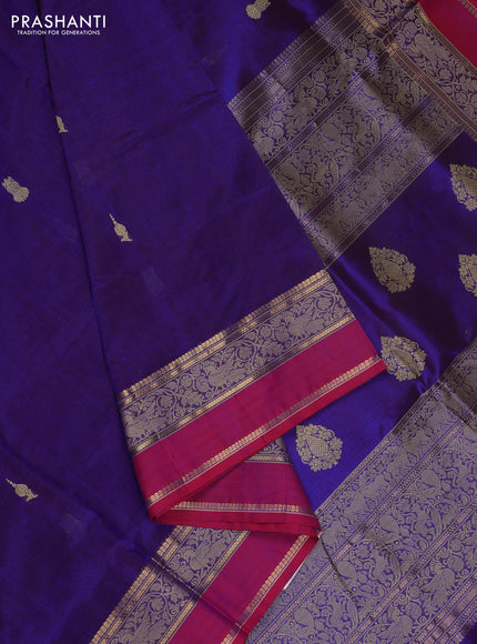 Kanchipuram silk cotton saree blue and dual shade of red with thread woven buttas and thread & zari woven border