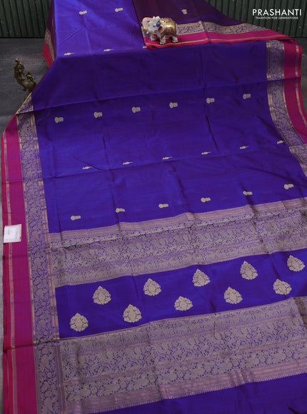 Kanchipuram silk cotton saree blue and dual shade of red with thread woven buttas and thread & zari woven border