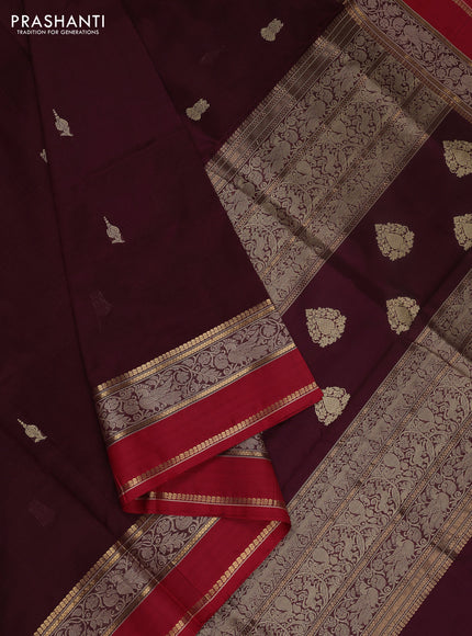 Kanchipuram silk cotton saree coffee brown and maroon with thread woven buttas and thread & zari woven border