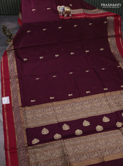 Kanchipuram silk cotton saree coffee brown and maroon with thread woven buttas and thread & zari woven border