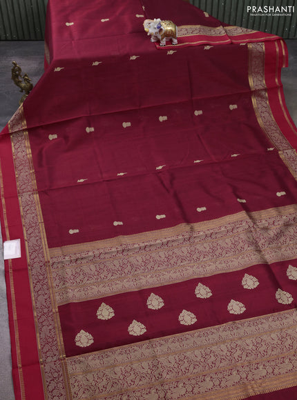 Kanchipuram silk cotton saree deep maroon and red with thread woven buttas and thread & zari woven border