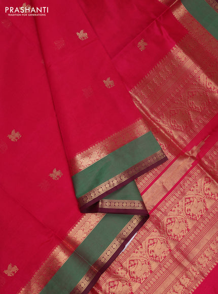 Kanchipuram silk cotton saree pink and green with zari woven buttas and rettapet zari woven border