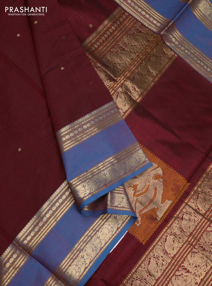 Kanchipuram silk cotton saree deep maroon and peacock blue with zari woven buttas and long rettapet zari woven border
