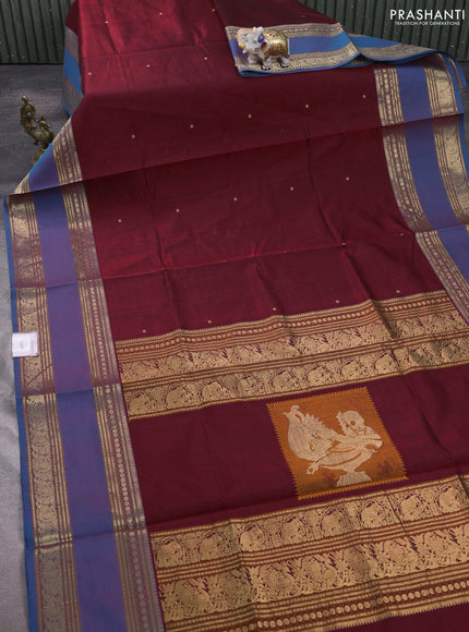 Kanchipuram silk cotton saree deep maroon and peacock blue with zari woven buttas and long rettapet zari woven border