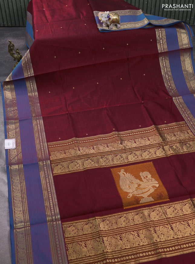 Kanchipuram silk cotton saree deep maroon and peacock blue with zari woven buttas and long rettapet zari woven border