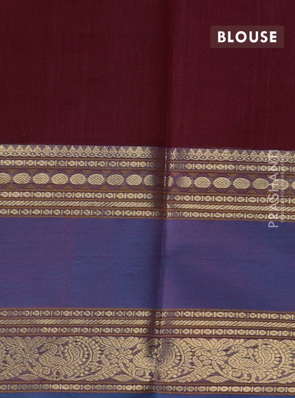 Kanchipuram silk cotton saree deep maroon and peacock blue with zari woven buttas and long rettapet zari woven border