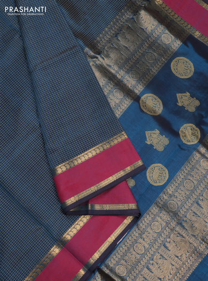 Kanchipuram silk cotton saree peacock green and red with allover thread checked pattern and rettapet zari woven border